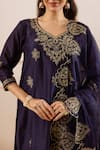 Buy_ASRUMO_Navy Chanderi, Organza Embroidery, Zari V-neck Kurta Pant Set 