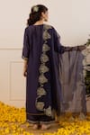 Shop_ASRUMO_Navy Chanderi, Organza Embroidery, Zari V-neck Kurta Pant Set _at_Aza_Fashions