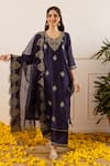 Shop_ASRUMO_Navy Chanderi, Organza Embroidery, Zari V-neck Kurta Pant Set 