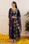 Buy_ASRUMO_Navy Chanderi, Organza Embroidery, Zari V-neck Kurta Pant Set _at_Aza_Fashions
