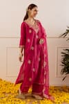 Shop_ASRUMO_Magenta Chanderi, Organza Embroidery, Zari, Applique Split V-neck Kurta Pant Set _Online_at_Aza_Fashions