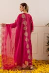 Shop_ASRUMO_Magenta Chanderi, Organza Embroidery, Zari, Applique Split V-neck Kurta Pant Set _at_Aza_Fashions
