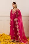 ASRUMO_Magenta Chanderi, Organza Embroidery, Zari, Applique Split V-neck Kurta Pant Set _at_Aza_Fashions