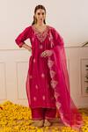 Buy_ASRUMO_Magenta Chanderi, Organza Embroidery, Zari, Applique Split V-neck Kurta Pant Set 
