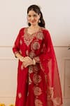 ASRUMO_Red Chanderi, Organza Zari, Embroidery, Applique V-neck Kurta Pant Set _at_Aza_Fashions