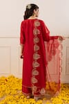 Shop_ASRUMO_Red Chanderi, Organza Zari, Embroidery, Applique V-neck Kurta Pant Set _at_Aza_Fashions