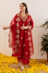 Buy_ASRUMO_Red Chanderi, Organza Zari, Embroidery, Applique V-neck Kurta Pant Set _at_Aza_Fashions