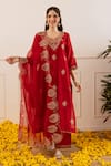 Buy_ASRUMO_Red Chanderi, Organza Zari, Embroidery, Applique V-neck Kurta Pant Set 