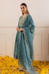 Buy_ASRUMO_Teal Chanderi, Organza Embroidery, Zari V-neck And Anarkali Set _Online_at_Aza_Fashions
