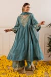 Shop_ASRUMO_Teal Chanderi, Organza Embroidery, Zari V-neck And Anarkali Set _Online_at_Aza_Fashions