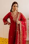 ASRUMO Red Chanderi, Organza Embroidery, Zari V-neck Kurta Set Online at Aza Fashions ASRUMO_Red Chanderi, Organza Embroidery, Zari V-neck Kurta Set _Online_at_Aza_Fashions