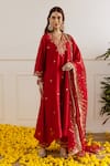 Buy ASRUMO Red Chanderi, Organza Embroidery, Zari V-neck Kurta Set at Aza Fashions Buy_ASRUMO_Red Chanderi, Organza Embroidery, Zari V-neck Kurta Set _at_Aza_Fashions