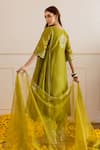 Shop_ASRUMO_Olive Green Chanderi, Organza Embroidery, Zari V-neck And Taari Kurta Set _at_Aza_Fashions