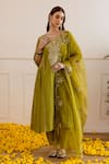 Buy_ASRUMO_Olive Green Chanderi, Organza Embroidery, Zari V-neck And Taari Kurta Set _at_Aza_Fashions