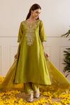 Buy_ASRUMO_Olive Green Chanderi, Organza Embroidery, Zari V-neck And Taari Kurta Set _Online_at_Aza_Fashions
