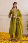 Shop_ASRUMO_Olive Green Chanderi, Organza Embroidery, Zari V-neck And Taari Kurta Set _Online_at_Aza_Fashions
