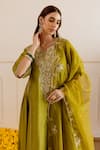 ASRUMO_Olive Green Chanderi, Organza Embroidery, Zari V-neck And Taari Kurta Set _at_Aza_Fashions