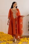 ASRUMO_Rust Chanderi, Organza Embroidery, Zari, Lace Split V-neck And Taari Kurta Set _Online_at_Aza_Fashions