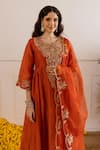 Shop_ASRUMO_Rust Chanderi, Organza Embroidery, Zari, Lace Split V-neck And Taari Kurta Set _Online_at_Aza_Fashions