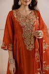 ASRUMO_Rust Chanderi, Organza Embroidery, Zari, Lace Split V-neck And Taari Kurta Set _at_Aza_Fashions