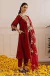Shop ASRUMO Maroon Chanderi, Organza Embroidery, Zari, Lace Split V-neck And Taari Kurta Set Online at Aza Fashions Shop_ASRUMO_Maroon Chanderi, Organza Embroidery, Zari, Lace Split V-neck And Taari Kurta Set _Online_at_Aza_Fashions
