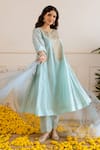 Shop_ASRUMO_Sky Blue Chanderi, Organza Embroidery, Zari, Lace Split And Taari Kurta Set _Online_at_Aza_Fashions