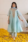 Buy_ASRUMO_Sky Blue Chanderi, Organza Embroidery, Zari, Lace Split And Taari Kurta Set _at_Aza_Fashions