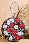 Buy_Nazaakat By Samara Singh_Black Embroidery, Stones, Beads Floral Round Clutch _at_Aza_Fashions