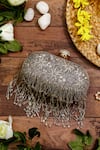 Buy_Nazaakat By Samara Singh_Gray Beads, Crystals, Embroidery Beaded Fringe Clutch _at_Aza_Fashions