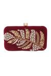 Shop_Nazaakat By Samara Singh_Maroon Sequins, Pearls, Stones, Embroidery Embellished Leaf Pattern Clutch  _Online_at_Aza_Fashions