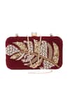 Buy_Nazaakat By Samara Singh_Maroon Sequins, Pearls, Stones, Embroidery Embellished Leaf Pattern Clutch  