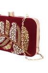 Shop_Nazaakat By Samara Singh_Maroon Sequins, Pearls, Stones, Embroidery Embellished Leaf Pattern Clutch  