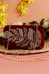 Buy_Nazaakat By Samara Singh_Maroon Sequins, Pearls, Stones, Embroidery Embellished Leaf Pattern Clutch  _at_Aza_Fashions