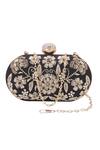 Buy_Nazaakat By Samara Singh_Black Embroidery, Rhinestones, Pearls Floral Zardozi Oval Clutch