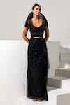 Buy_Vesture_Black Mesh Embroidery, Sequins Raven 3d Structured Corset And Draped Skirt Set _at_Aza_Fashions