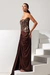 Vesture_Brown Satin Embroidery, Crystals Sweetheart Bronza Corset And Draped Skirt Set _Online_at_Aza_Fashions
