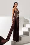 Buy_Vesture_Brown Satin Embroidery, Crystals Sweetheart Bronza Corset And Draped Skirt Set 