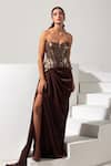 Buy_Vesture_Brown Satin Embroidery, Crystals Sweetheart Bronza Corset And Draped Skirt Set _at_Aza_Fashions