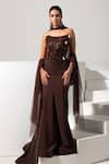 Buy_Vesture_Brown Mesh Mirrors, Embroidery Bandeau Neck Mocha Corset With Fishcut Skirt Set _at_Aza_Fashions