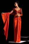 Buy_Vesture_Orange Satin Embroidery Sweetheart Neck Flame Pre-draped Saree With Blouse _at_Aza_Fashions