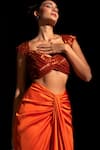 Shop_Vesture_Orange Satin Embroidery Sweetheart Neck Flame Pre-draped Saree With Blouse _Online_at_Aza_Fashions