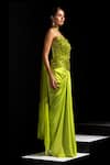 Vesture_Lime Satin, Mesh Embroidery, Stones Bandeau Venom Neon Corset And Draped Skirt Set _Online_at_Aza_Fashions