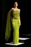 Buy_Vesture_Lime Satin, Mesh Embroidery, Stones Bandeau Venom Neon Corset And Draped Skirt Set _at_Aza_Fashions