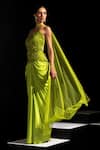 Shop_Vesture_Lime Satin, Mesh Embroidery, Stones Bandeau Venom Neon Corset And Draped Skirt Set _Online_at_Aza_Fashions
