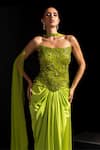 Vesture_Lime Satin, Mesh Embroidery, Stones Bandeau Venom Neon Corset And Draped Skirt Set _at_Aza_Fashions