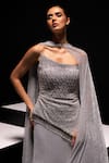 Shop_Vesture_Silver Mesh Sequins, Stones, Beads Frost Asymmetric Corset And Metallic Skirt Set _Online_at_Aza_Fashions