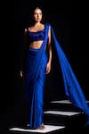 Buy_Vesture_Blue Satin Sequins, Metallic Vivid Pre-draped Saree And Embroidered Blouse Set _at_Aza_Fashions