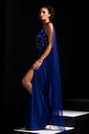 Vesture_Blue Lycra, Mesh Embroidery, Crystals Shock Wave Asymmetric Bodice Gown And Cape _Online_at_Aza_Fashions