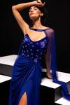 Shop_Vesture_Blue Lycra, Mesh Embroidery, Crystals Shock Wave Asymmetric Bodice Gown And Cape _Online_at_Aza_Fashions