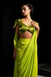 Shop_Vesture_Lime Satin Sequins V-neck Zest Neon Pre-draped Saree With Embroidered Blouse _Online_at_Aza_Fashions